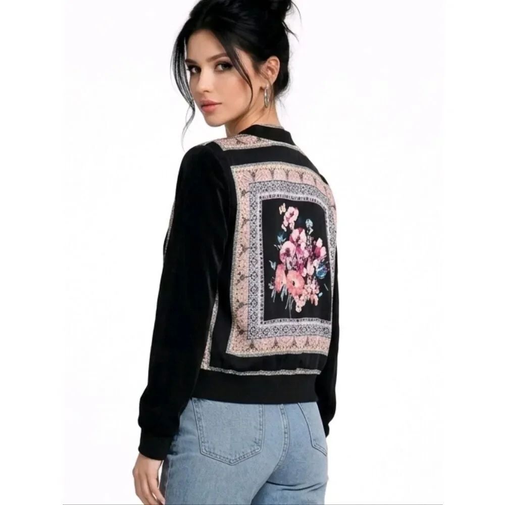 IZ Byer Black Floral Chiffon Open Bomber Style Jacket Size S